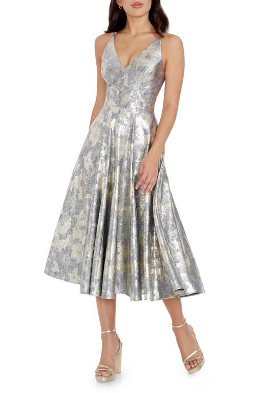 Dress the Population Delilah Metallic Floral Fit & Flare Midi Pewter Multi at Nordstrom,