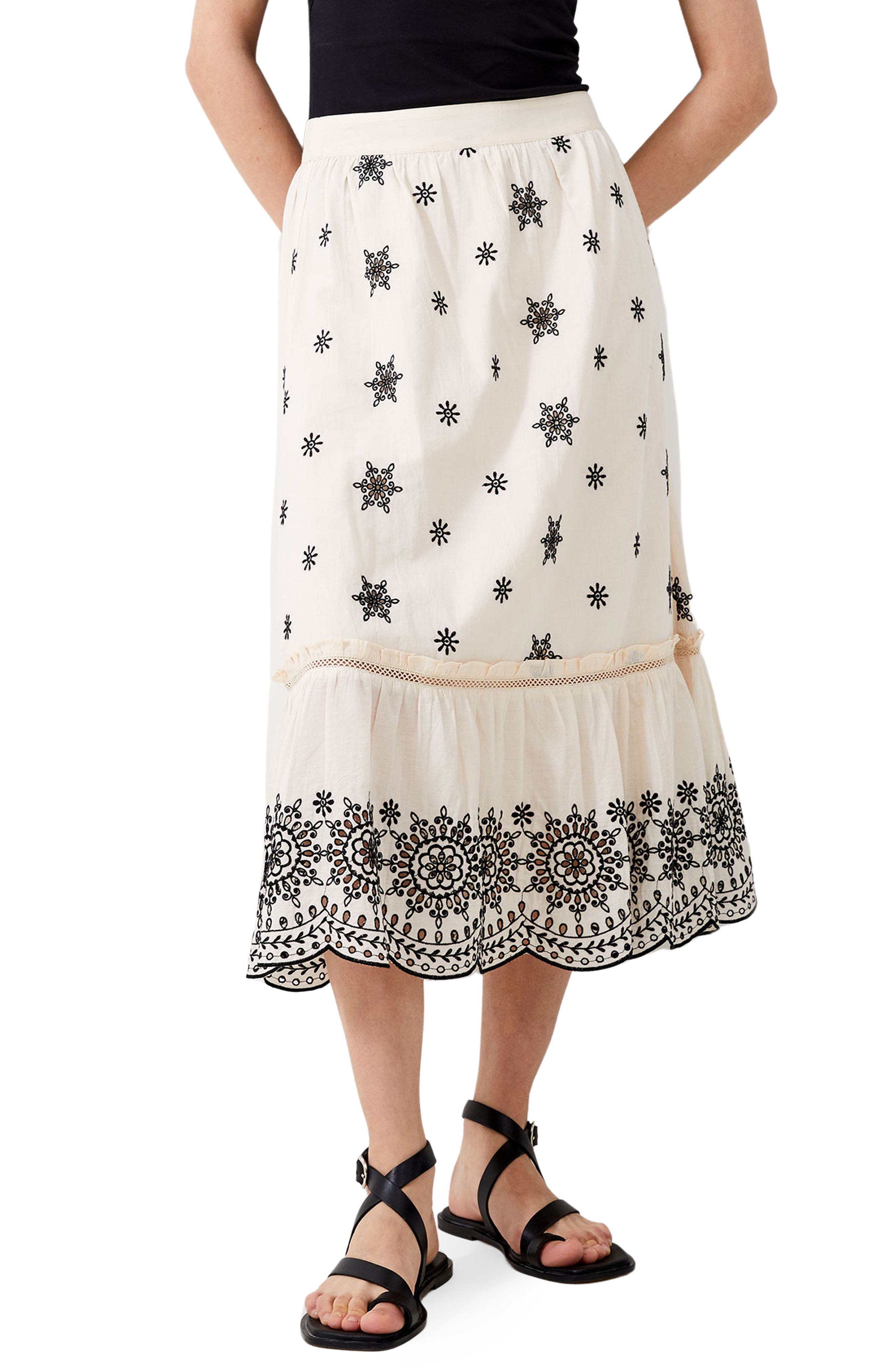 Embroidered cotton midi skirt