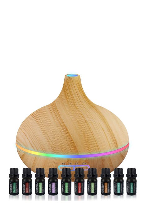 Ultrasonic Aromatherapy Diffuser & 10-Pack Pure 400ml Essential Oils