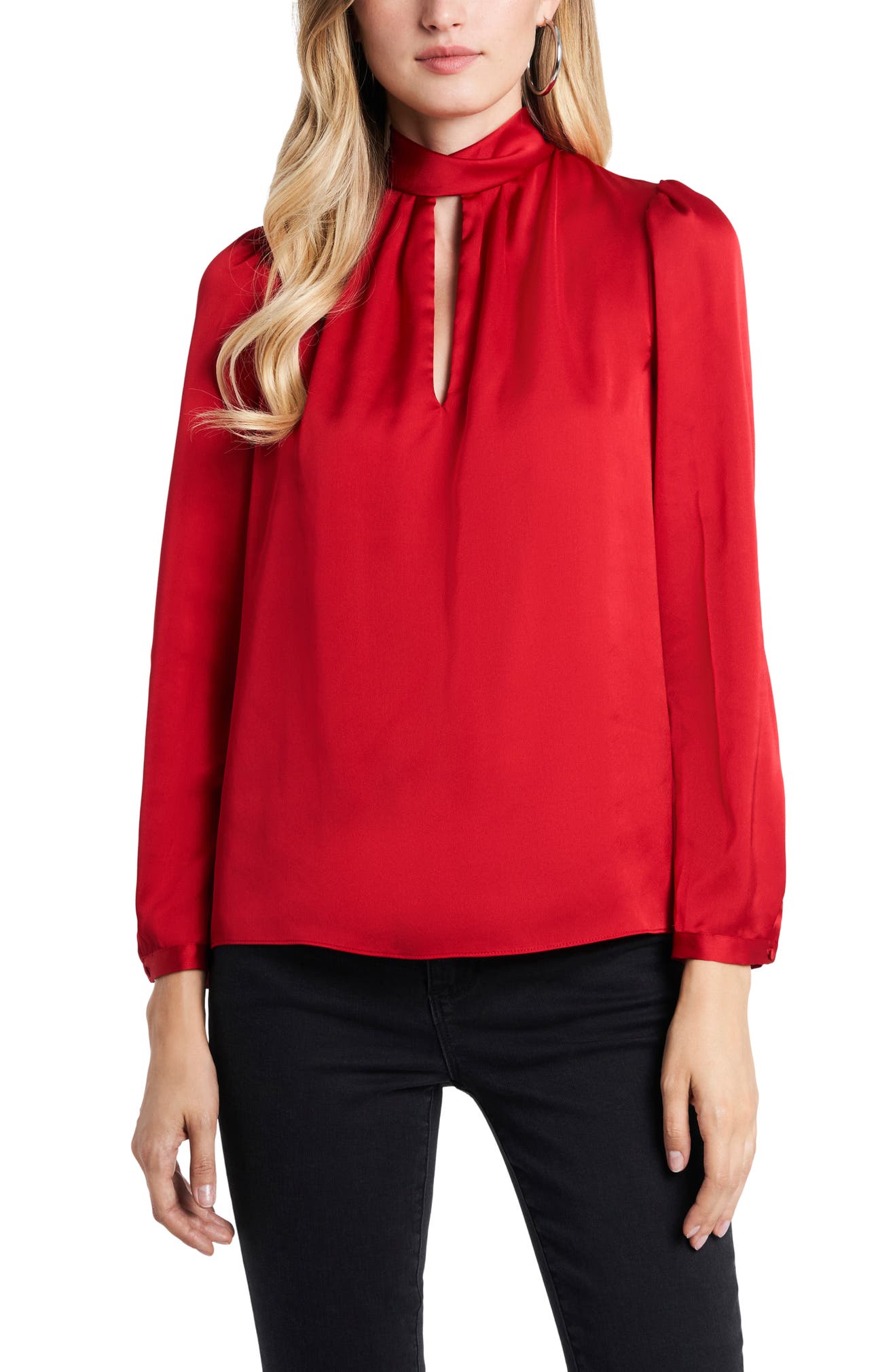 1.STATE 1. STATE Keyhole Charmeuse Blouse, Main, color, VIBRANT RED