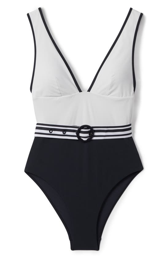 Shop Reiss Willow Belted One-piece Swimsuit In White/ Navy
