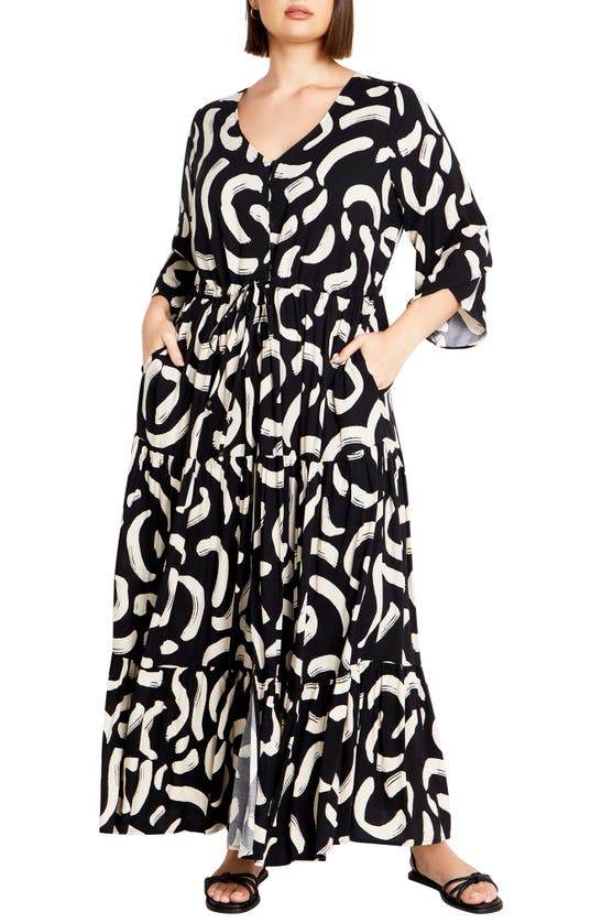 City Chic Endless Sun Floral Tiered Drawstring Waist Maxi Dress In Black