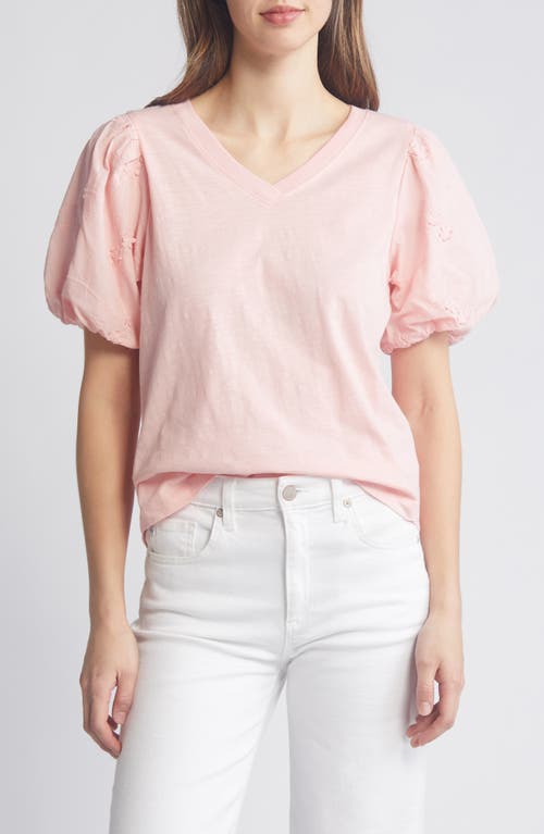 Embroidered Puff Sleeve V-Neck Top in Strawberry Cream