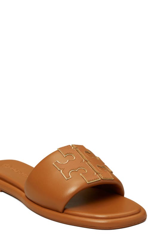 Tory Burch Double T Leather Medallion Slide Sandals In Aged Camello ...
