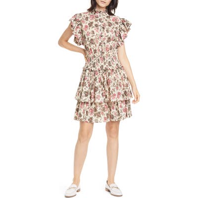 La Vie Rebecca Taylor Chouette Floral Ruffle Cotton Blend Minidress, Beige