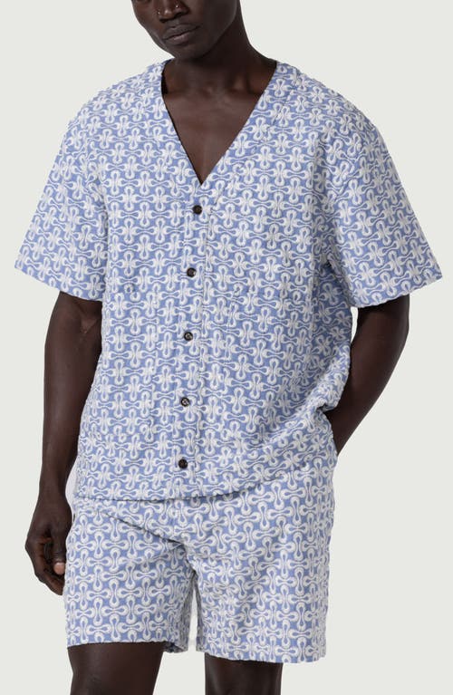 Embroidered Short Sleeve Cotton Blend Button-Up Shirt in Blue