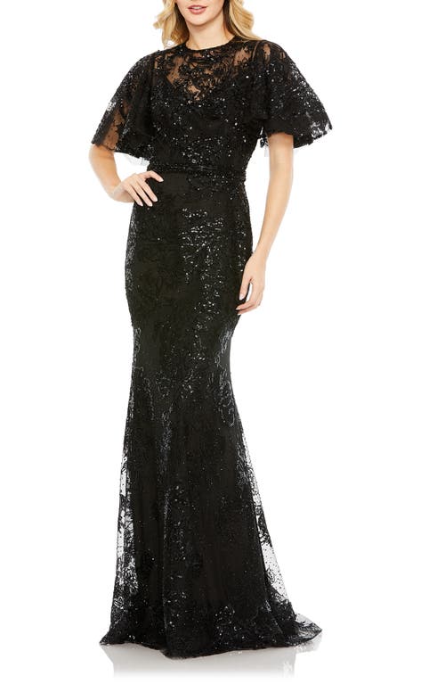 Mac Duggal Embellished Flutter Sleeve Mermaid Gown Black at Nordstrom,