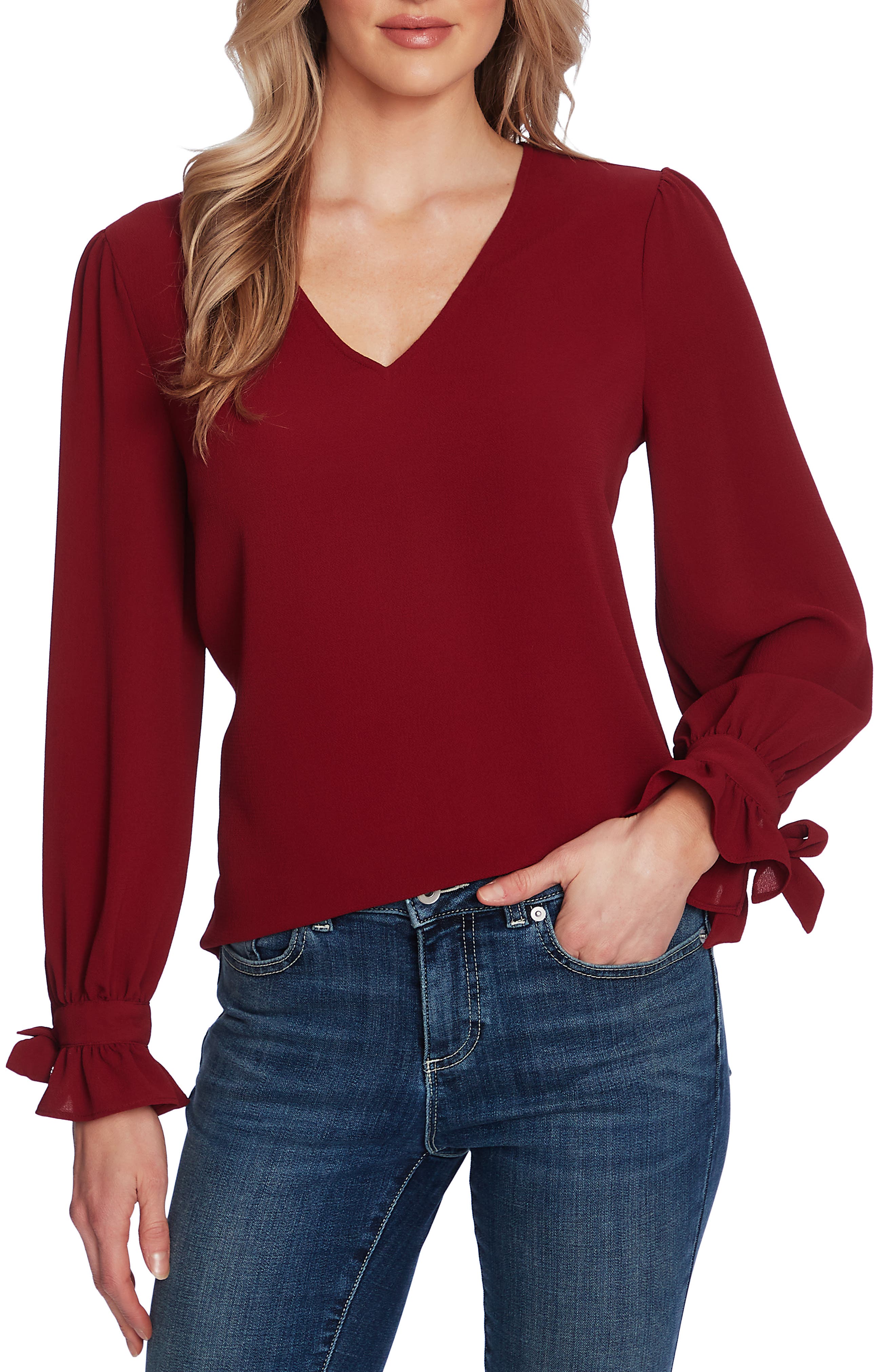 Cece By Cynthia Steffe Tie Sleeve Top In Claret Red