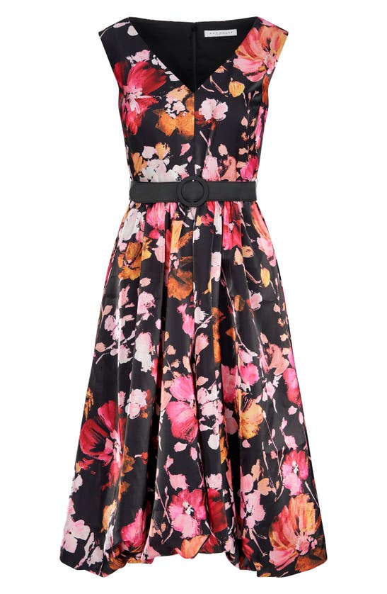 Shop Kay Unger Viola Floral Belted Sleeveless High-low Dress In Saffron/ Black