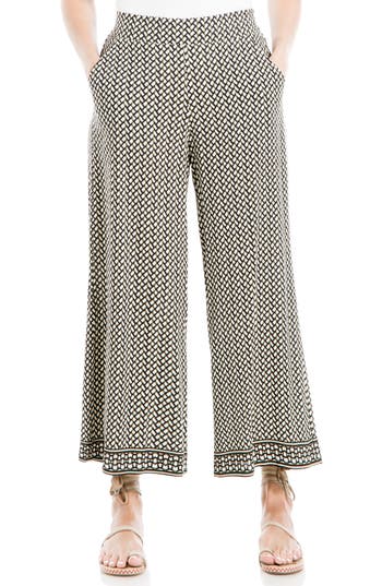 Max Studio Wide Leg Pull-on Crop Pants In Cream/diamond Ladders