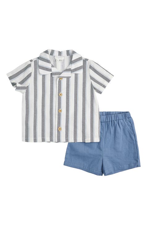 Blueberry Dot Stripe Button-Up Shirt & Shorts Set (Baby)