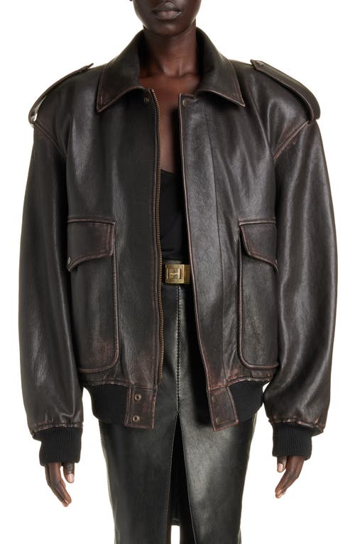 Oversize Lambskin Leather Bomber Jacket in Reglisse/Auburn