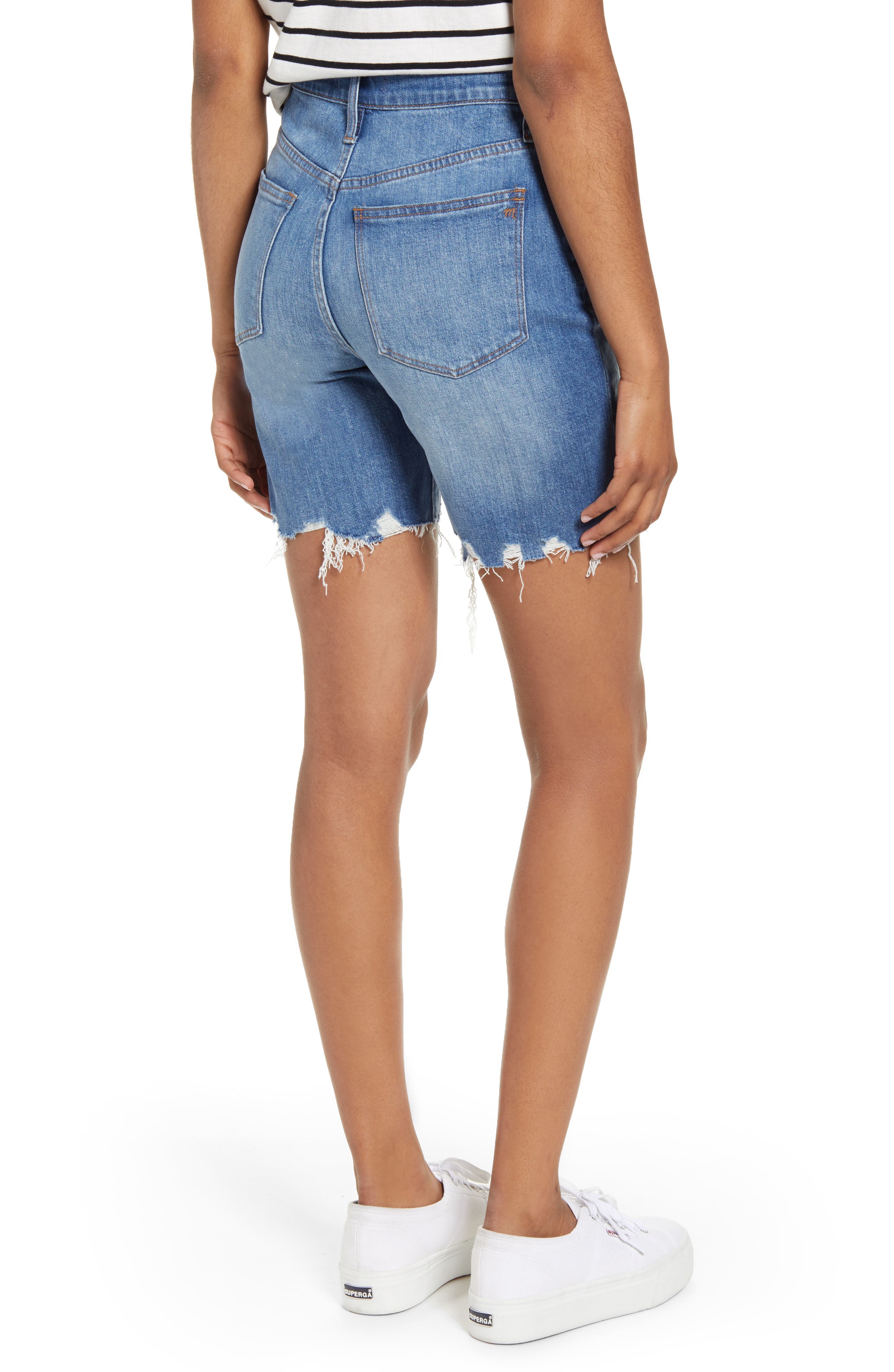 high waisted mid length denim shorts