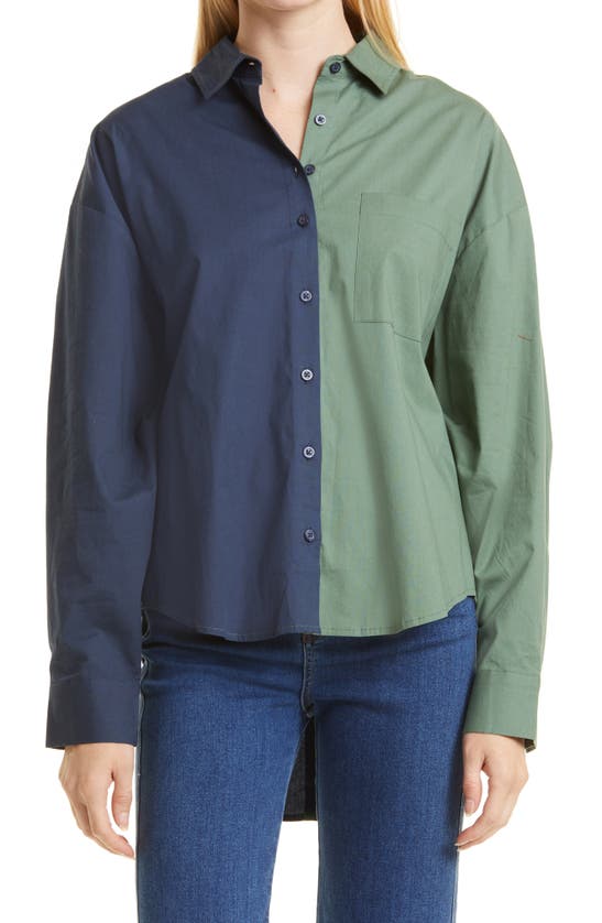 Pistola Sloane Colorblock High-low Stretch Cotton Shirt In Ivy Navy Split