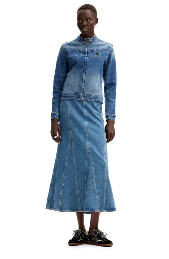 Shop Desigual Fal Gaga Paneled Flared Denim Midi Skirt In Blue