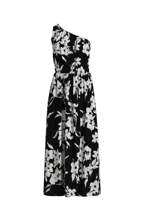 Shop Lands' End Petite One Shoulder Crepe Midi Dress In Black Painted Flower