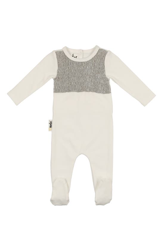 Maniere Metallic Smocked Bodice Footie In White