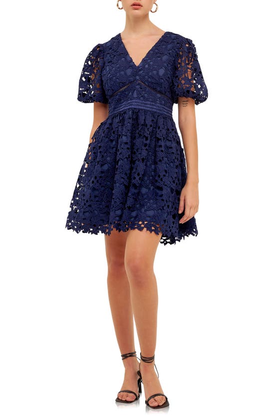 Endless Rose Puff Sleeve Lace Minidress In Navy