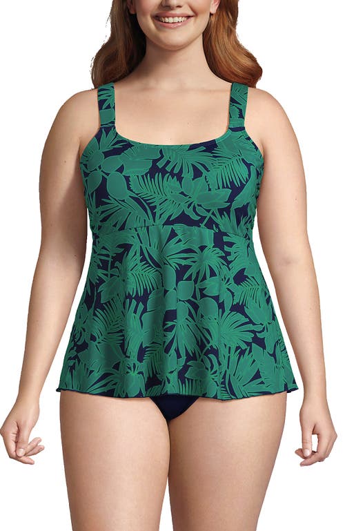 Shop Lands' End Plus Size Flutter Scoop Neck Tankini Top In Navy/emerald Palm Foliage