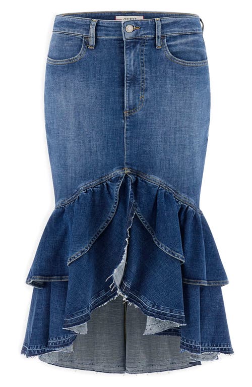 Shop Guess Marina Tiered Ruffle Denim Skirt In Lady Conch