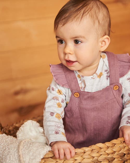 Shop Deux Par Deux Baby Girl's Printed Organic Cotton Bodysuit And Pointelle Overall Set Woodrose In Printed Fox