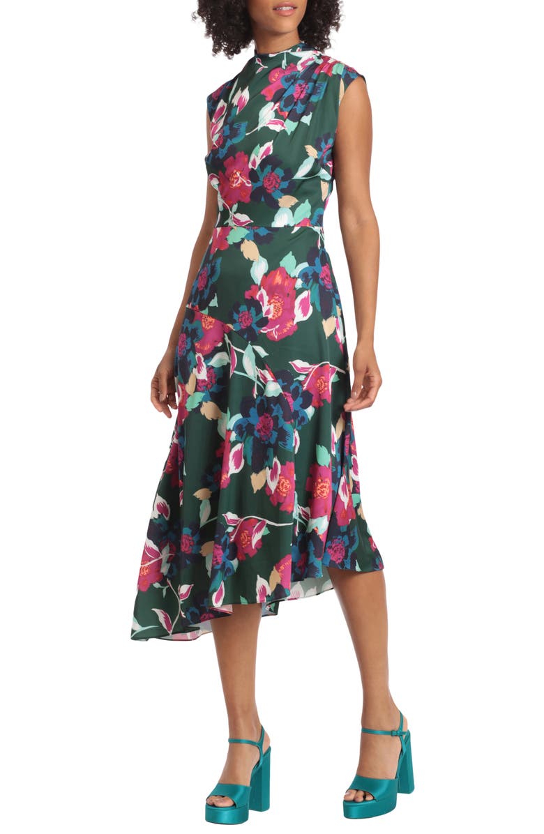 Maggy London Floral Print Asymmetric Hem Midi Dress | Nordstrom