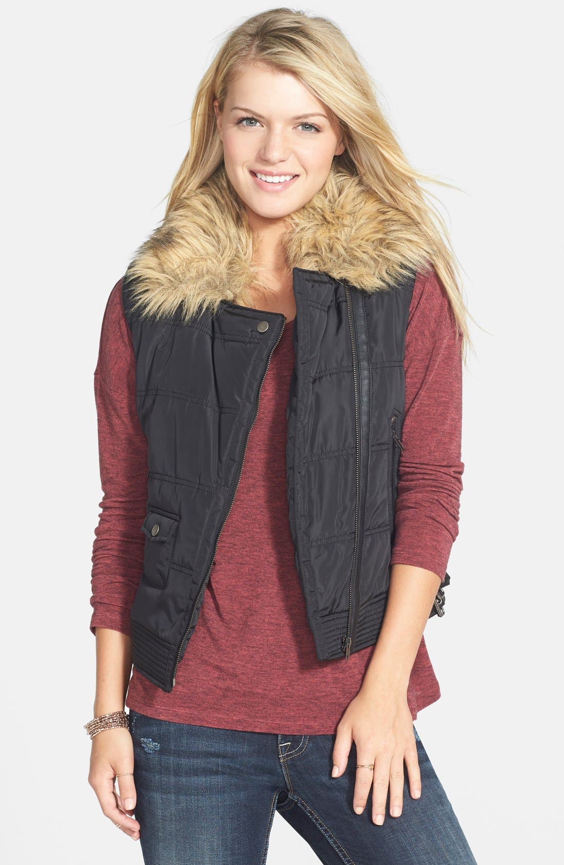 Thread & Supply Quilted Moto Vest with Faux Fur Collar (Juniors