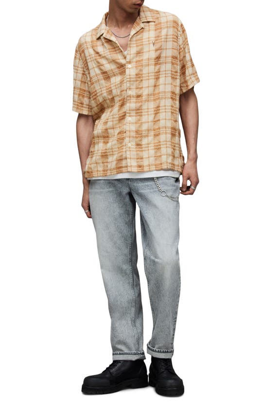 Allsaints Buddy Plaid Textured Camp Shirt In Faded Taupe