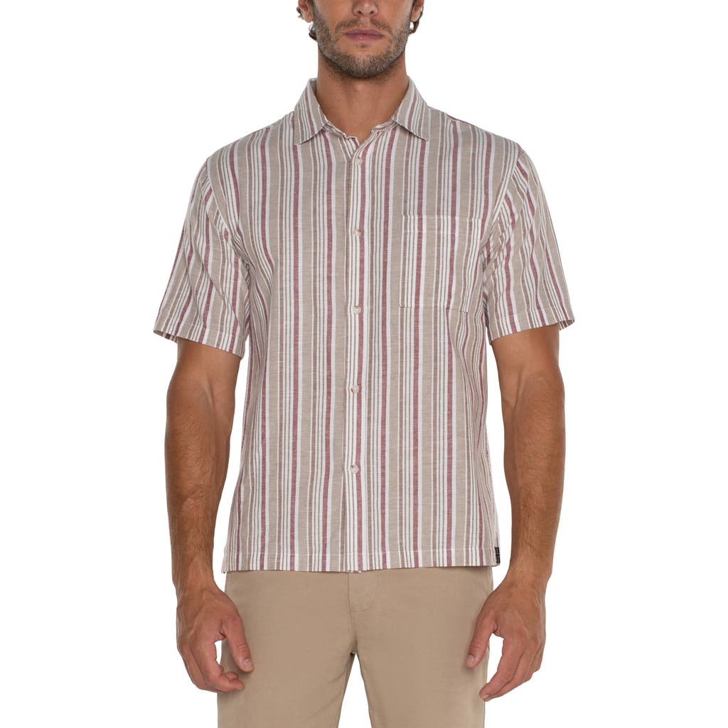 Liverpool Los Angeles Stripe Short Sleeve Cotton & Linen Button-up Shirt In Kahki/nantucket Red
