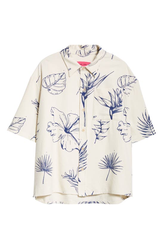Shop The Elder Statesman Gender Inclusive Botanic Short Sleeve Cotton & Silk Button-up Shirt In Natural W/ Atlantic