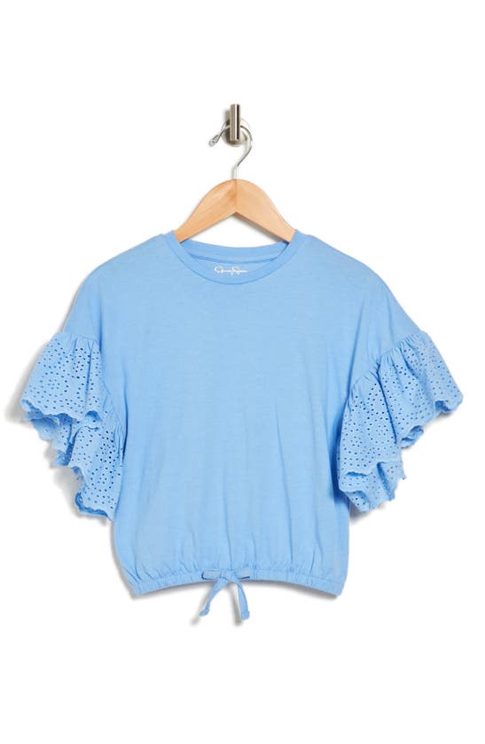 Shop Jessica Simpson Kids' Eyelet Scalloped Sleeve Drawstring Top In Blue