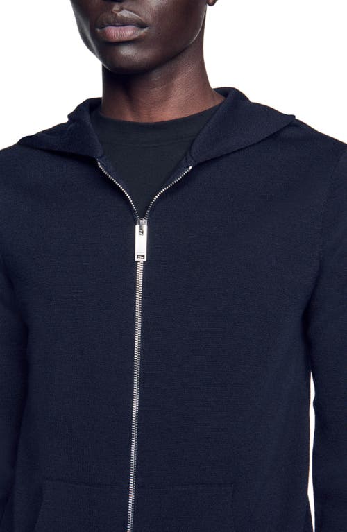 Shop Sandro Zipped Cardigan With Hood In Navy Blue