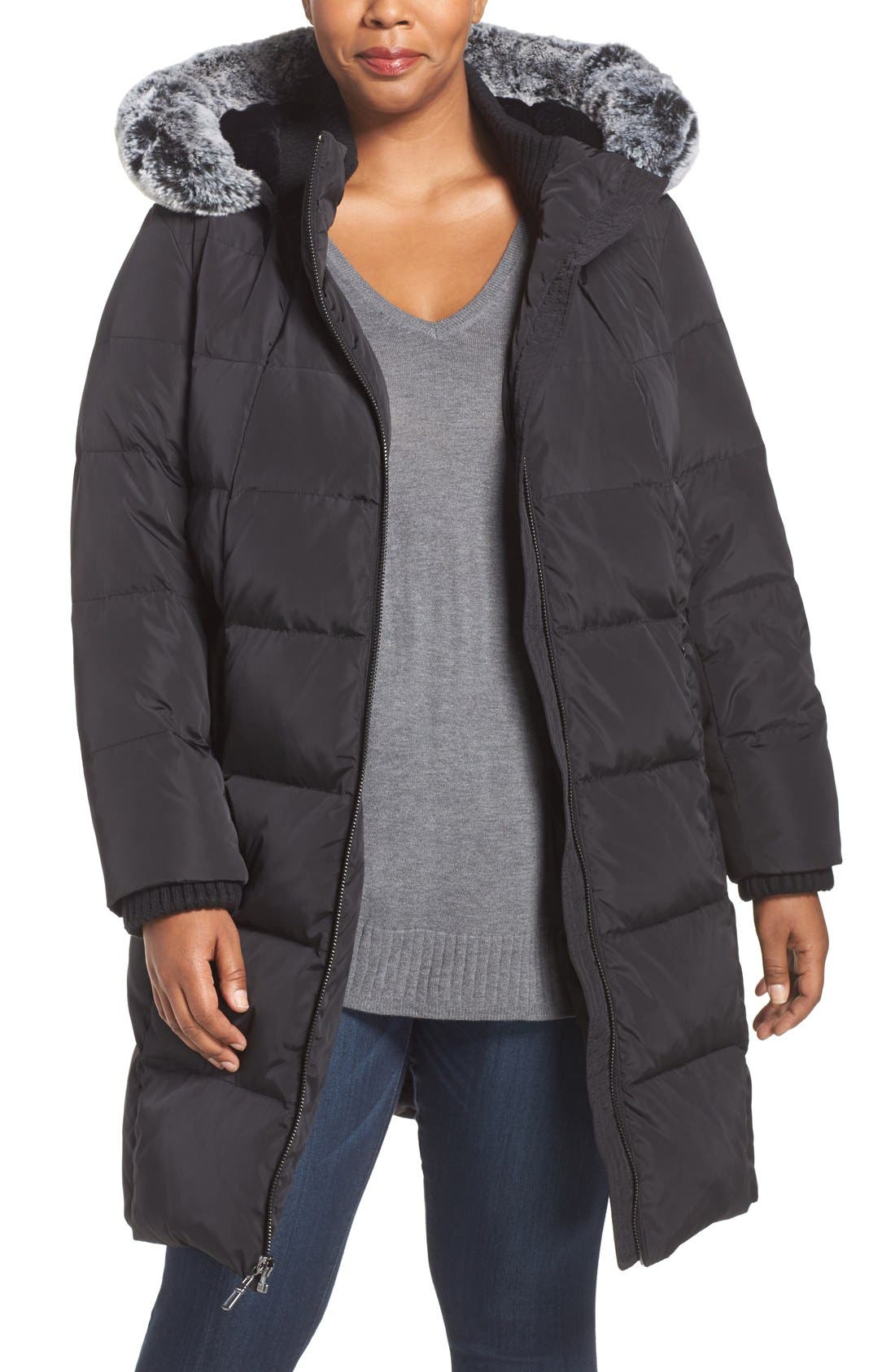 Gallery Hooded Down & Feather Fill Stadium Coat with Faux Fur Trim