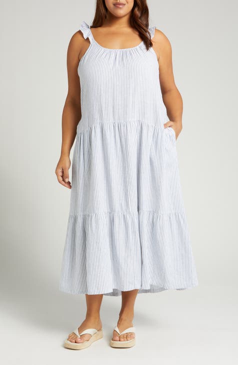 Stripe Flutter Sleeve Tiered Linen Blend Midi Dress (Plus)
