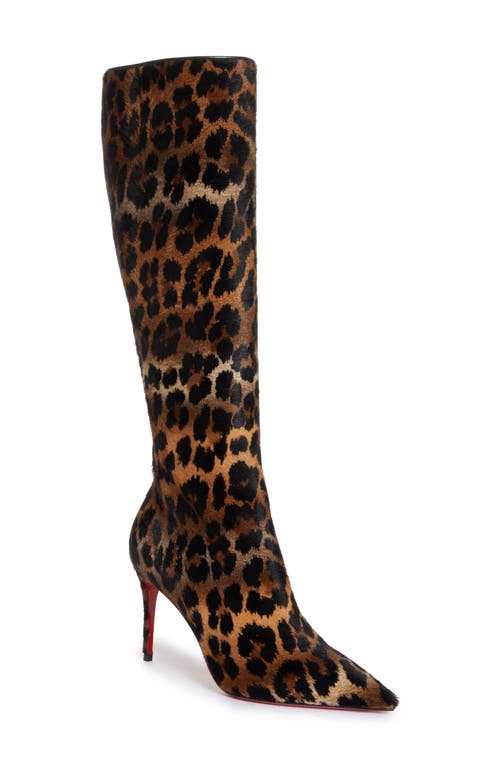 Kate Leopard Print Genuine Calf Hair Pointed Toe Knee High Boot in Brown/Black Print Calf Hair