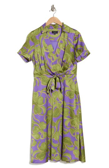 Shop Tahari Asl Floral Print Wrap Dress In Iris Lime