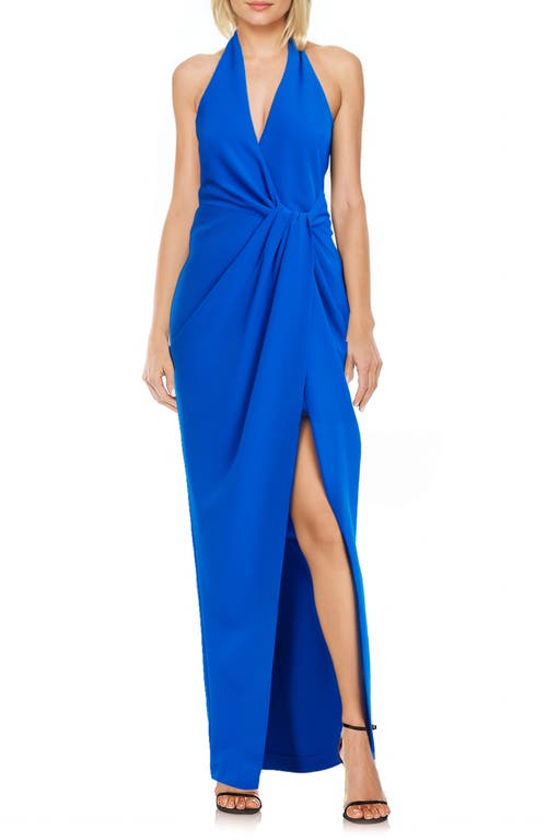 Shop Jewel Badgley Mischka Front Slit Halter Gown In Cobalt