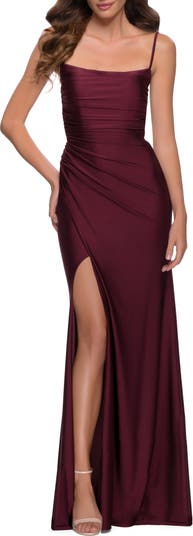 La Femme Square Neck Shiny Jersey Gown | Nordstrom