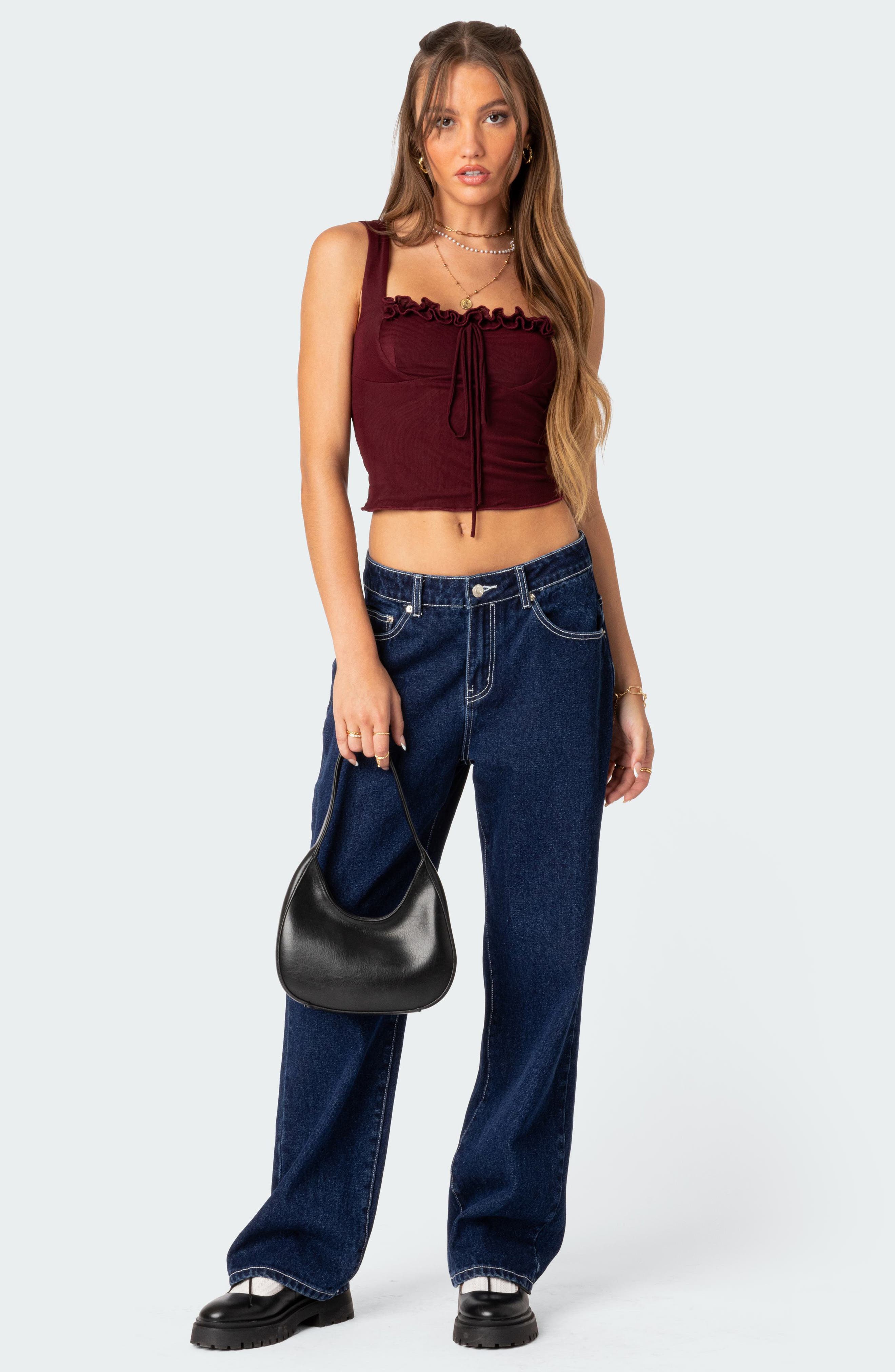 EDIKTED Aurelia Ruffle Trim Crop Corset Top in Burgundy