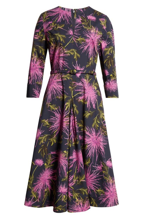 Shop Oscar De La Renta Floral Belted Split Neck Stretch Cotton Dress In Purple/navy