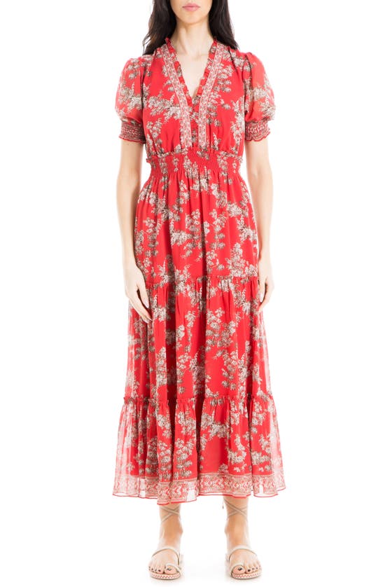 Max Studio Short Sleeve Floral Tiered Dress In Red Maple