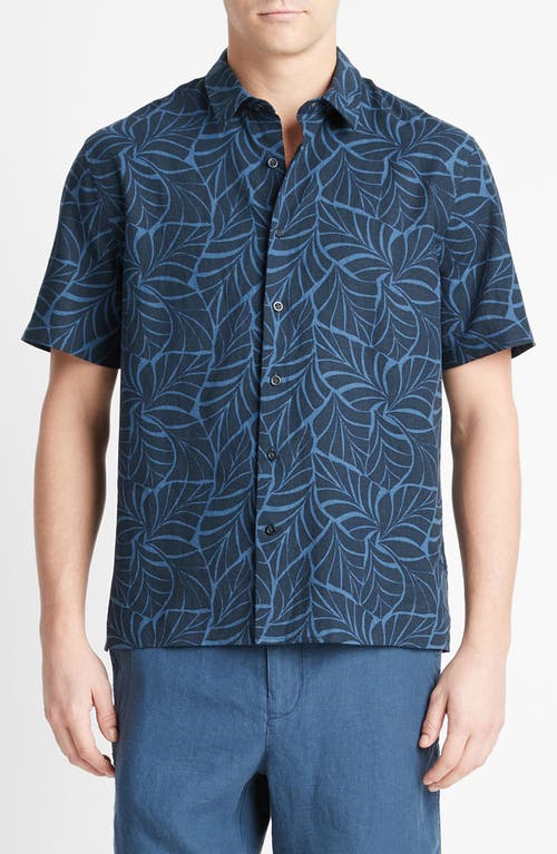 Shop Vince Knotted Leaves Linen Blend Short Sleeve Button-up Shirt In Coastal/dark Washed