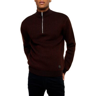 Topman Half Zip Plaited Mock Neck Sweater, Burgundy