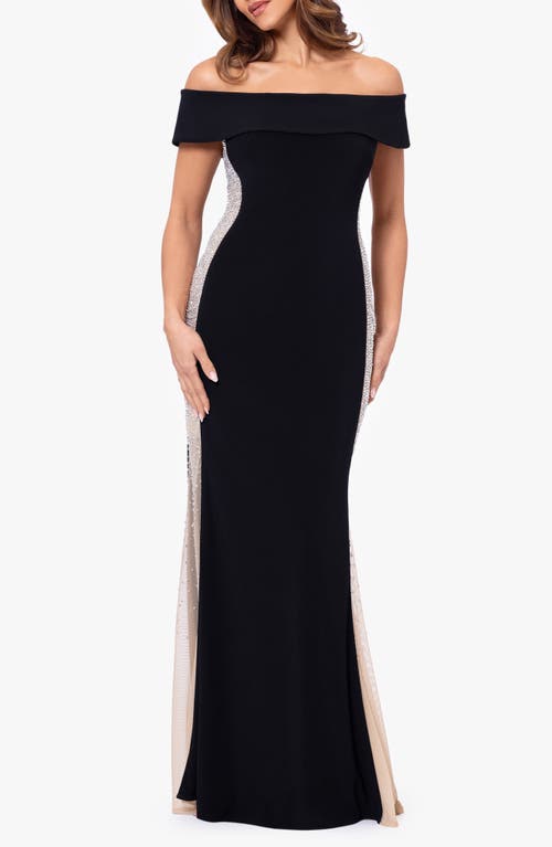 Shop Xscape Evenings Caviar Diamante Off The Shoulder Gown In Black/nude/silver