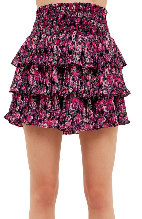 Shop Endless Rose Floral Smocked Waist Ruffle Miniskirt In Black/fuchsia