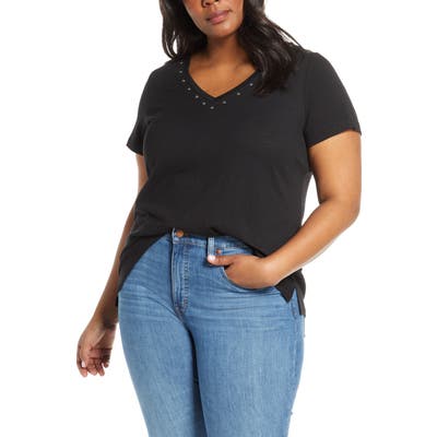 Plus Size Vince Camuto Studded V-Neck Tee, Black