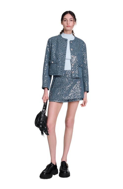 Shop Maje Sequinned Tweed Jacket In Blue Silver