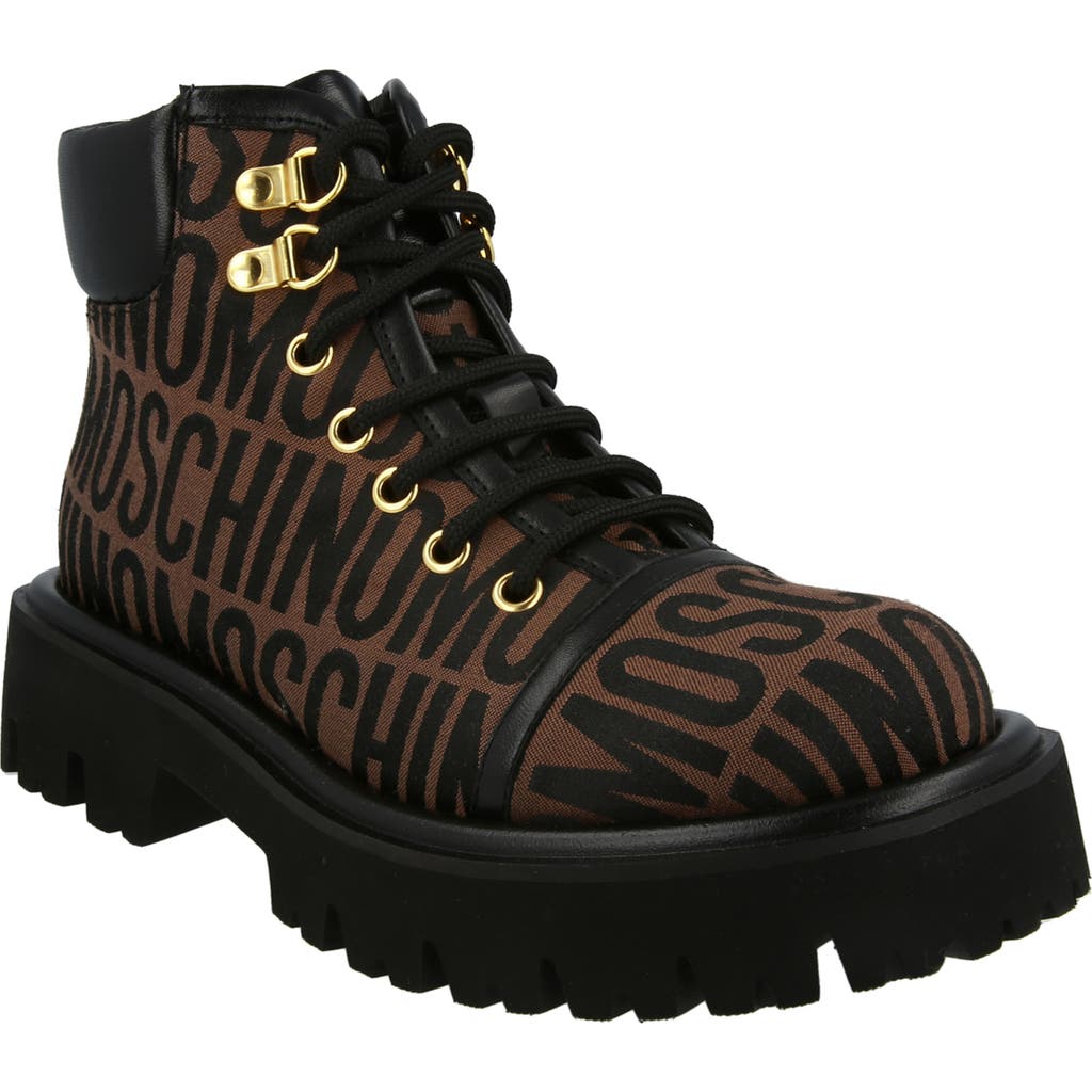 Moschino Logo Jacquard Lace-up Ankle Boots In Brown