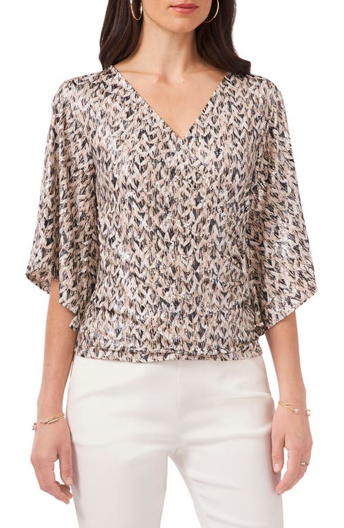 Chaus Foil Flutter Sleeve Top In Taupe/ivory/black