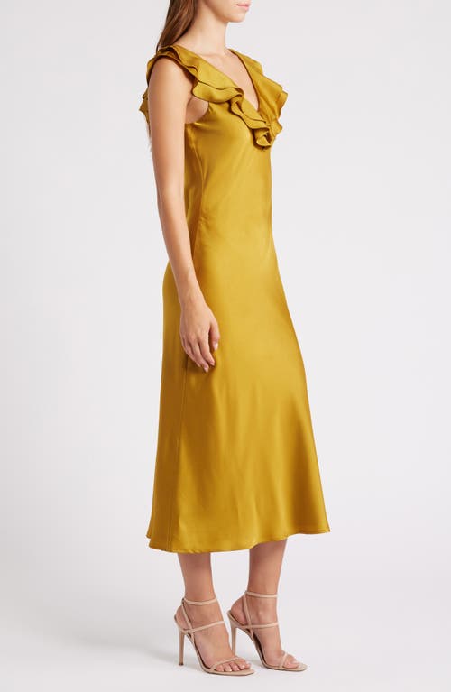 Shop Wayf Lida Ruffle Cap Sleeve Satin Midi Dress In Gold